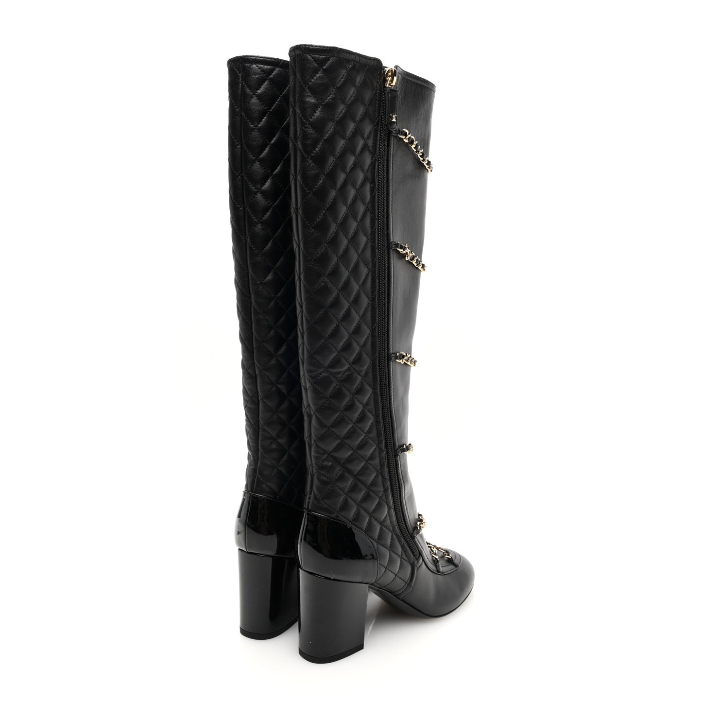 Lambskin Patent Calfskin Chained High Boots 37 Black