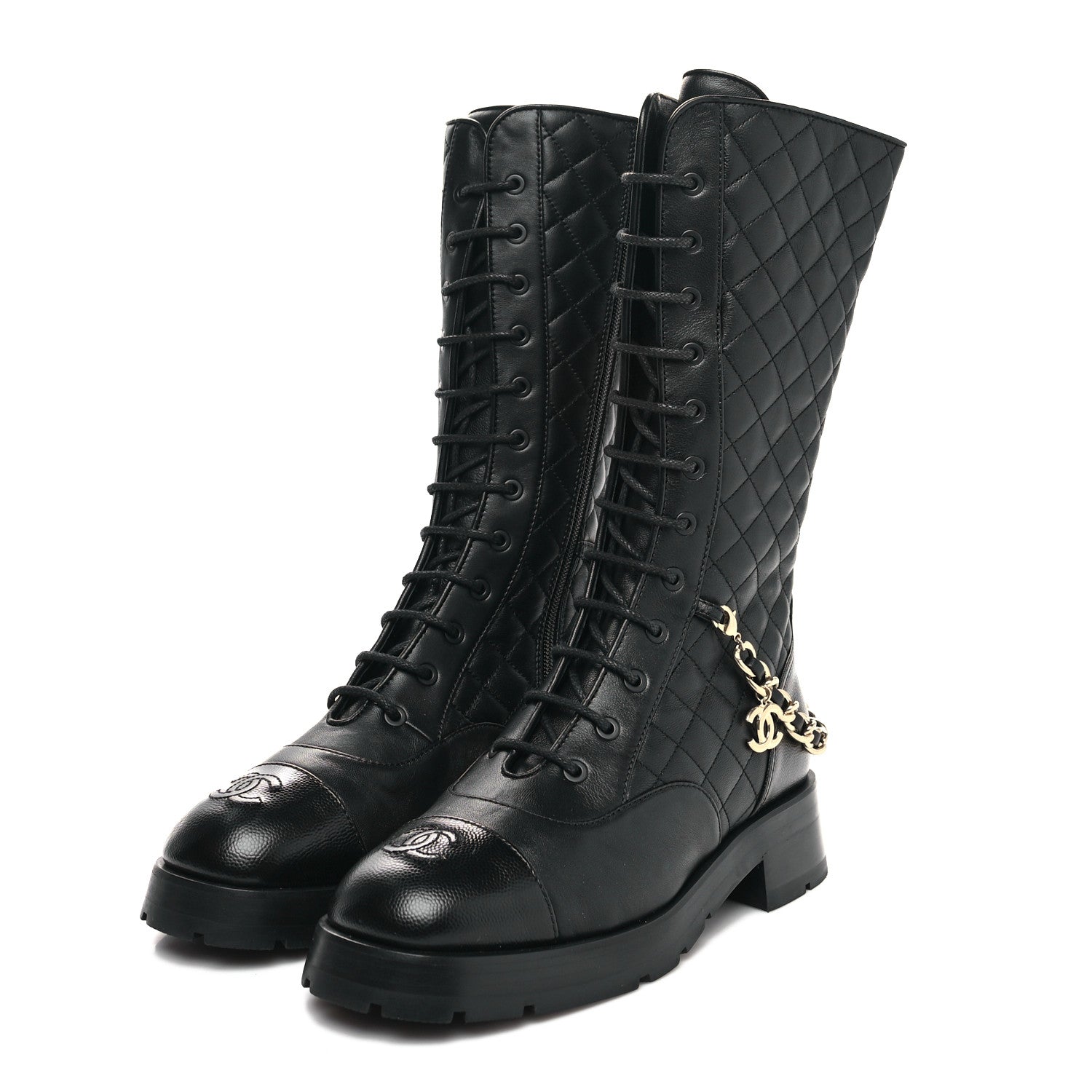 Chanel Shiny Calfskin Patent Quilted Chain Lace Up Combat Boots 39.5 Black 3 of 7