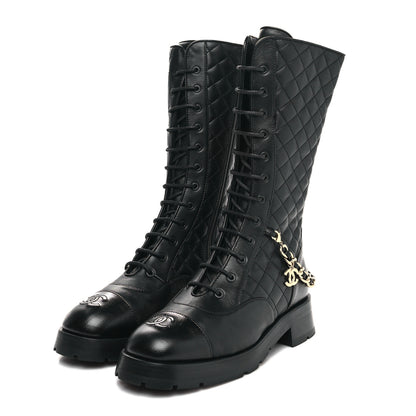 Chanel Shiny Calfskin Patent Quilted Chain Lace Up Combat Boots 39.5 Black 3 of 7
