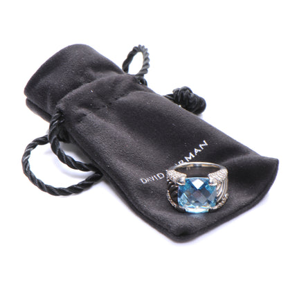 David Yurman Sterling Diamond 14mm Pave Diamonds Blue Topaz Cocktail Ring 6 5 of 5