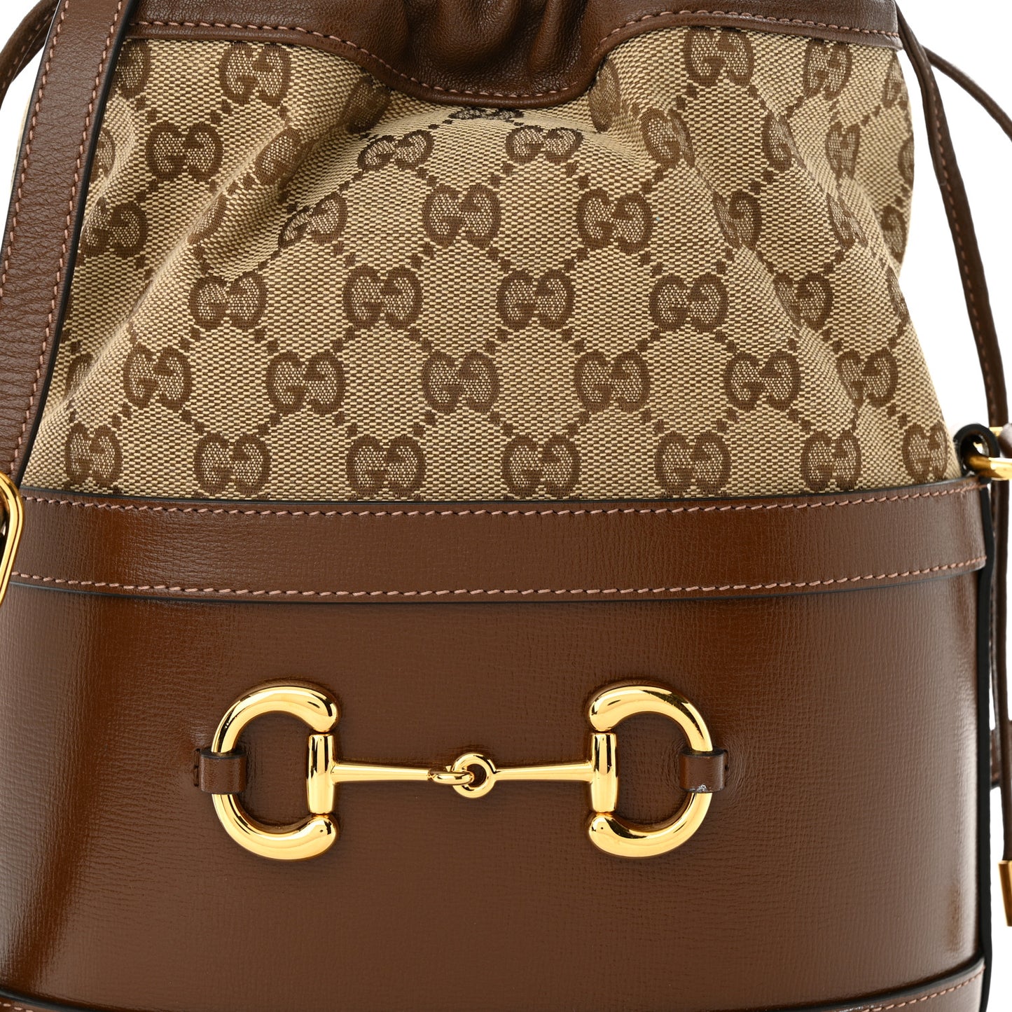 Monogram Textured Calfskin Horsebit 1955 Drawstring Bucket Bag Beige Brown Sugar