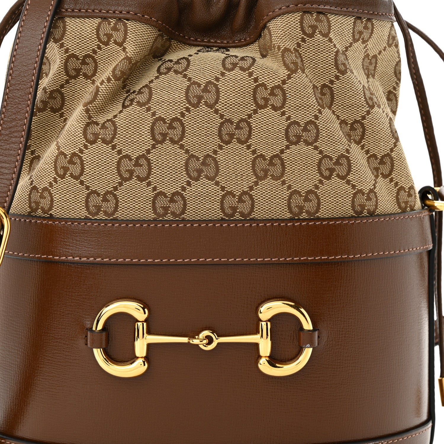 Gucci Monogram Textured Calfskin Horsebit 1955 Drawstring Bucket Bag Beige Brown Sugar 7 of 9