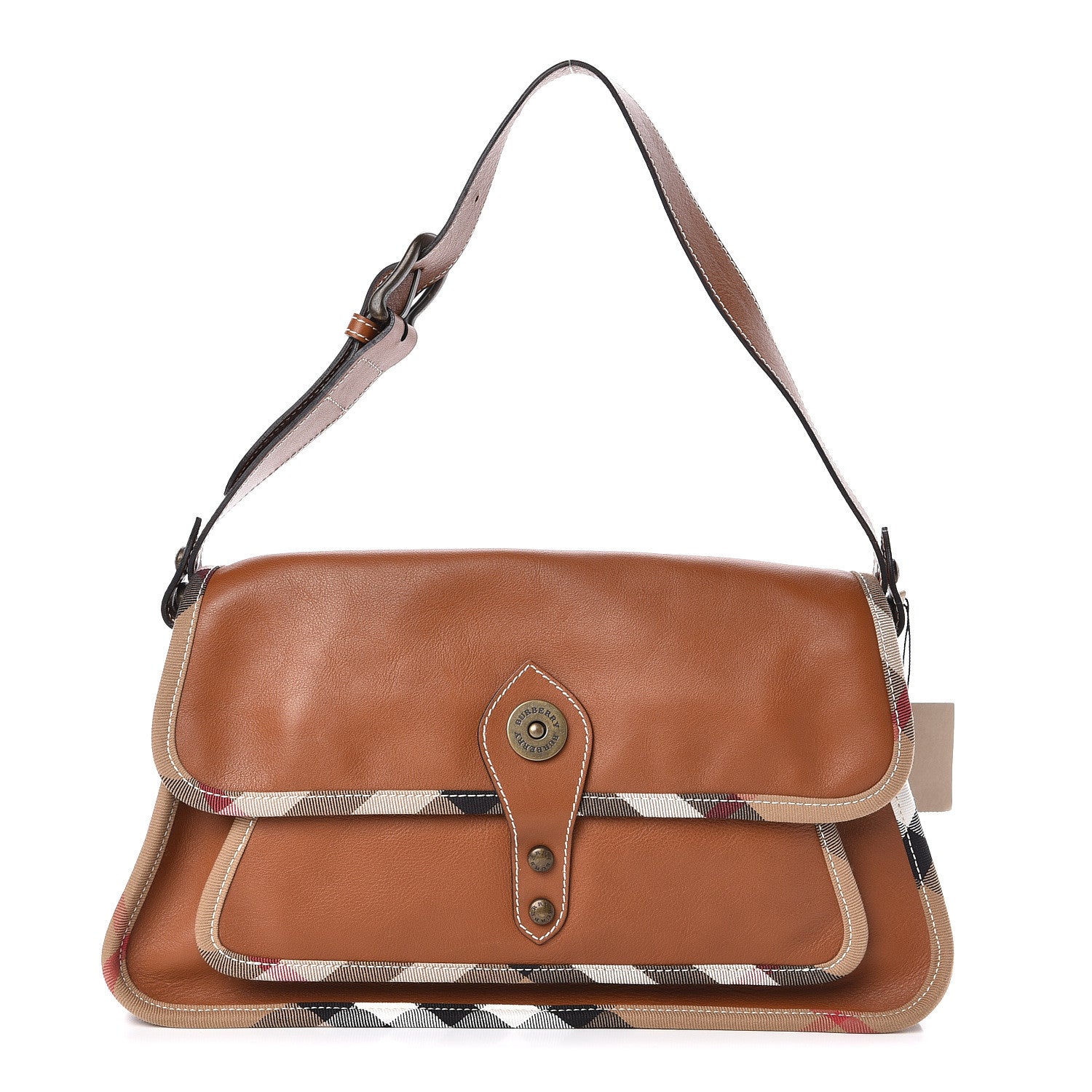 Burberry Calfskin House Check Trim Bates Shoulder Bag Cognac 1 of 11