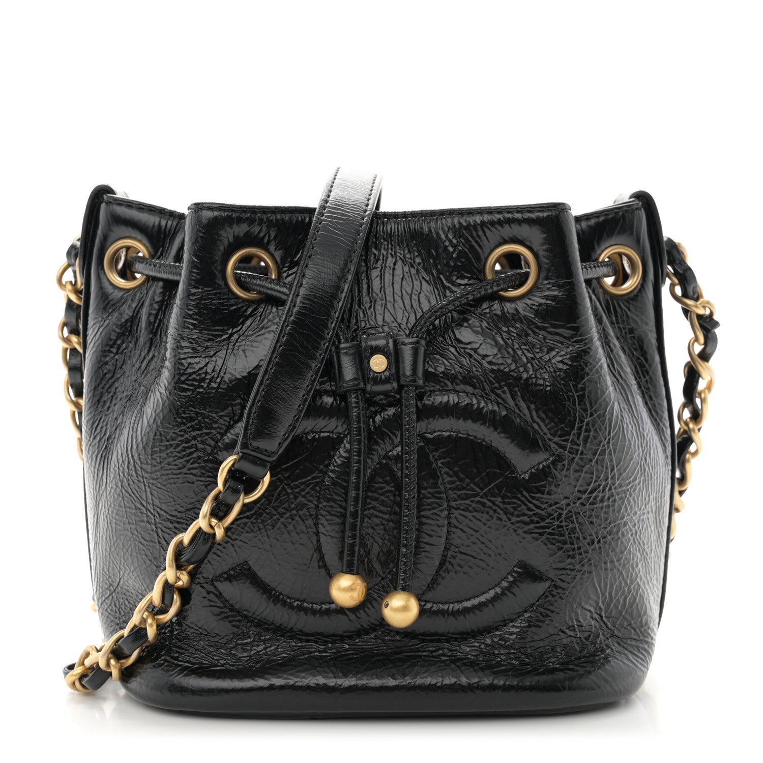 Chanel Shiny Aged Calfskin CC Chain Mini Drawstring Bag Black 1 of 11