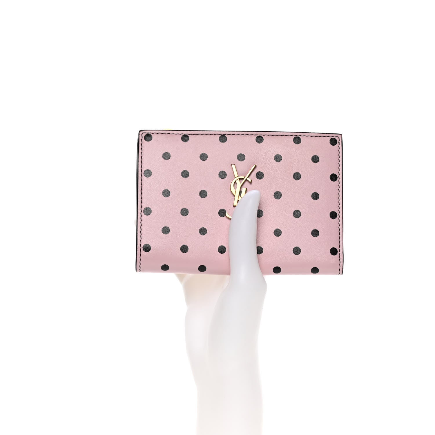 Saint Laurent Calfskin Polka Dot Monogram Bi Fold Zipped Wallet Pink Black 2 of 10