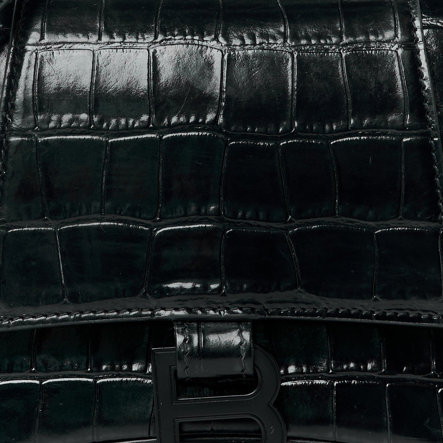 Shiny Calfskin Monochrome Crocodile Embossed Small Hourglass Top Handle Bag Black