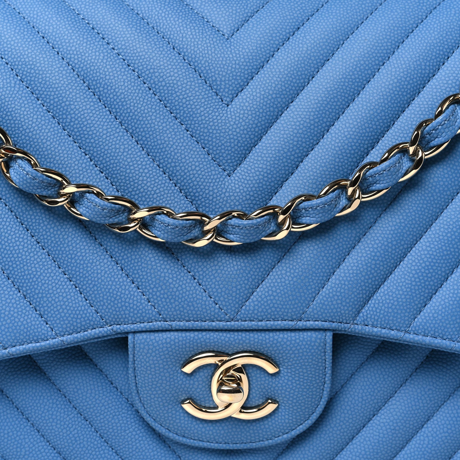 Chanel Caviar Flat Chevron Quilted Jumbo Double Flap Blue 8 of 11