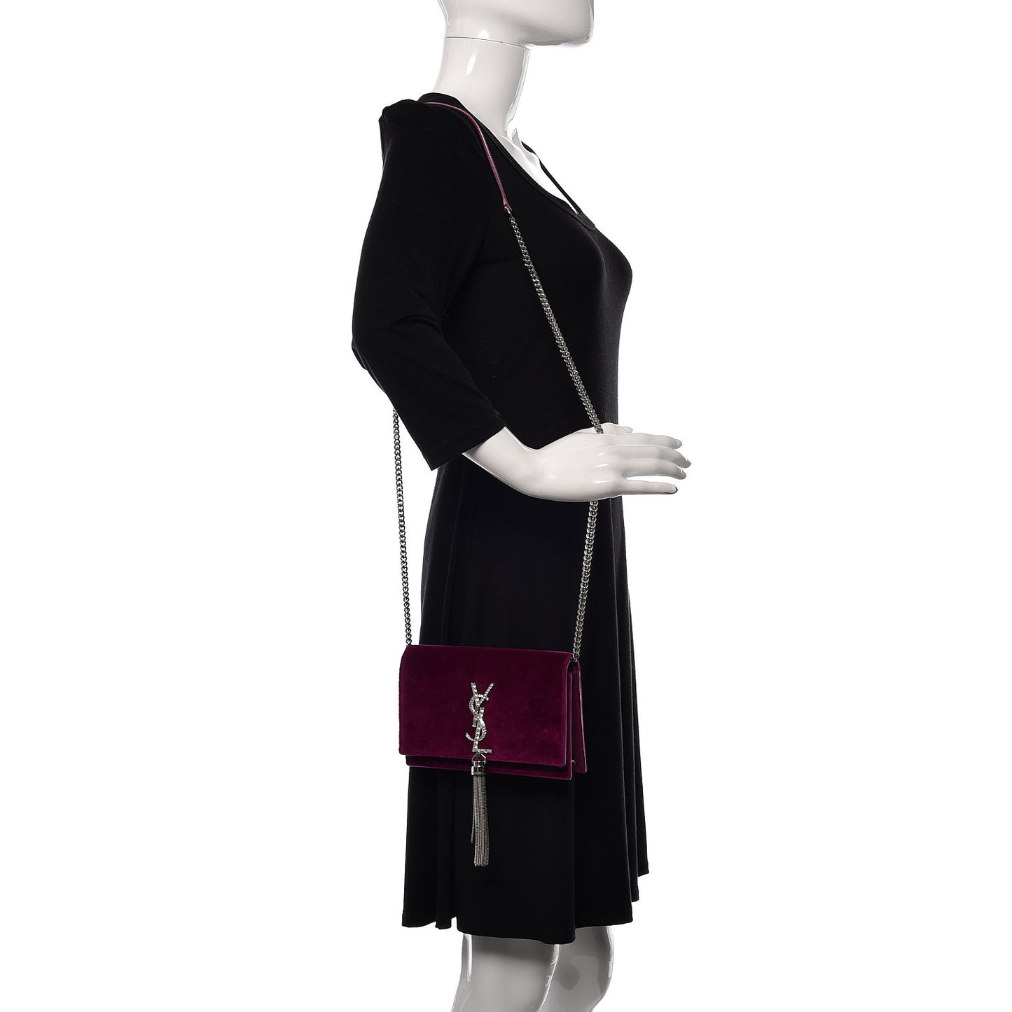 Velvet Crystal Monogram Kate Tassel Shoulder Bag Fuchsia