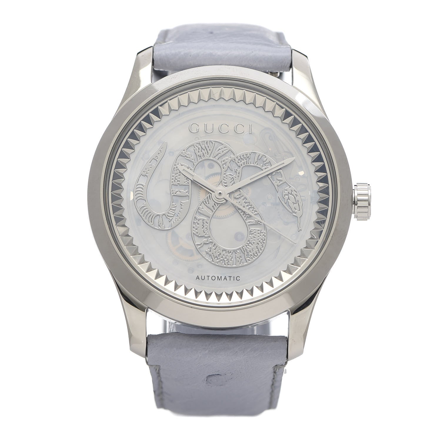 Gucci Stainless Steel Ostrich Blue Mother of Pearl 38mm G-Timeless Snake Automatic Watch 1 of 14