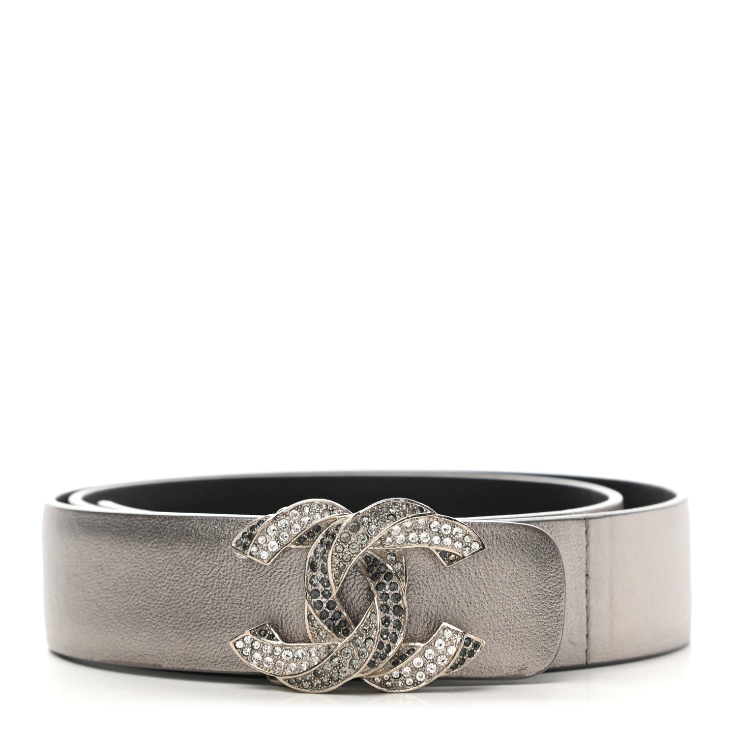Metallic Calfskin Crystal CC Chain Belt 75 30 Silver
