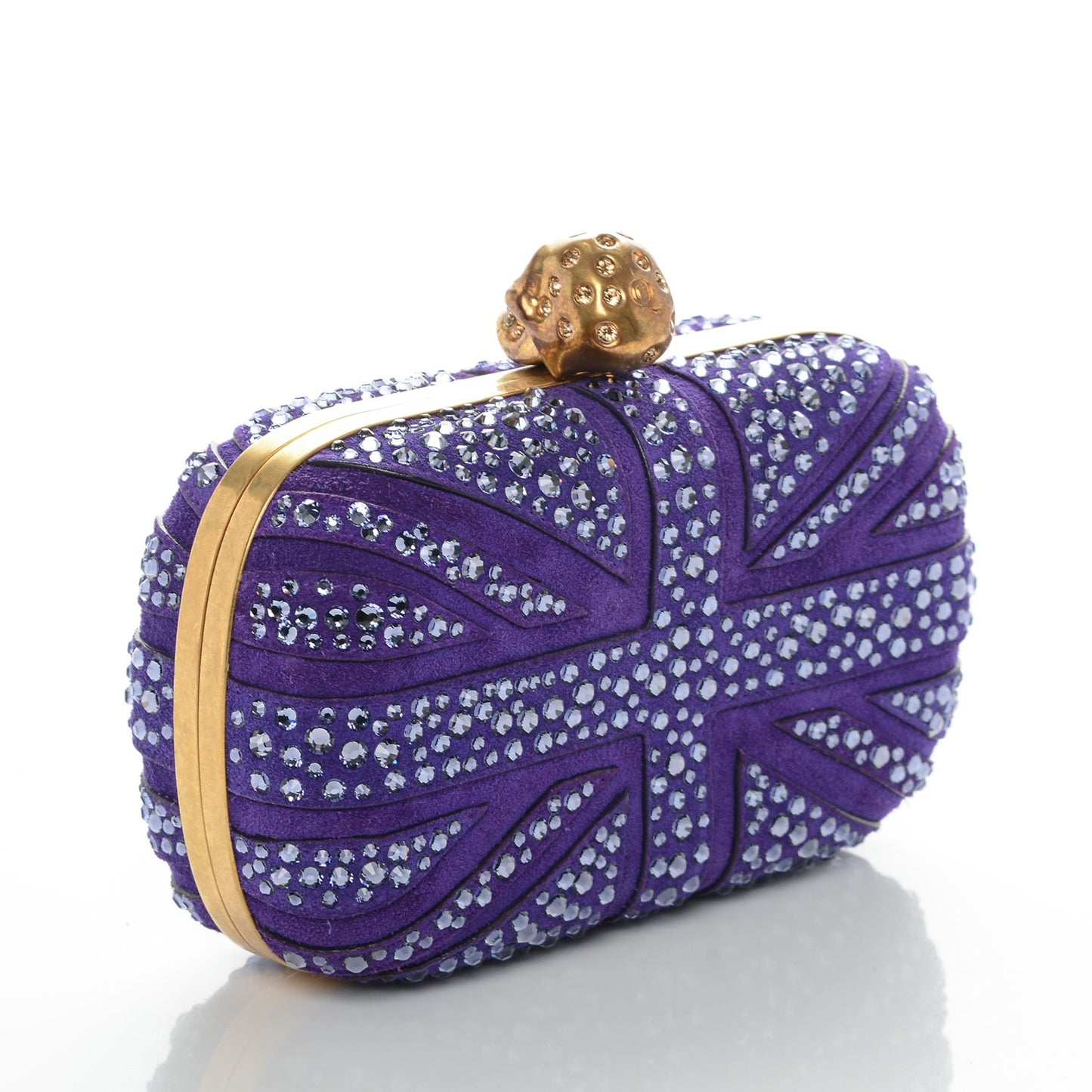 Suede Crystal Britannia Skull Box Clutch Purple