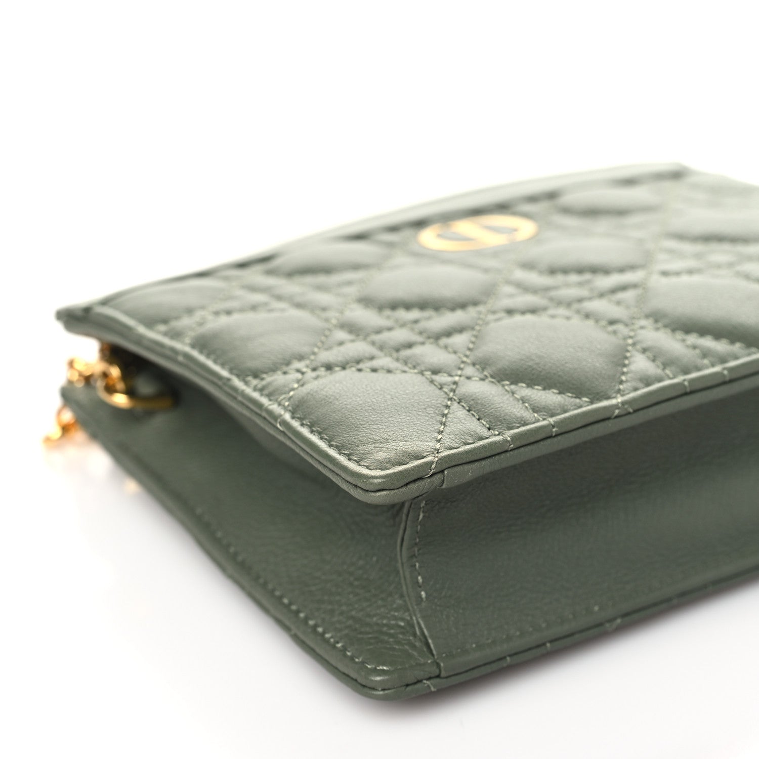 Christian Dior Calfskin Cannage Caro Zipped Pouch With Chain Cedar Green 9 of 10