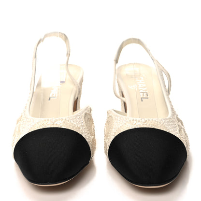 Chanel Strass Sequin Grosgrain Cap Toe CC Slingback Pumps 40 White Black 2 of 9