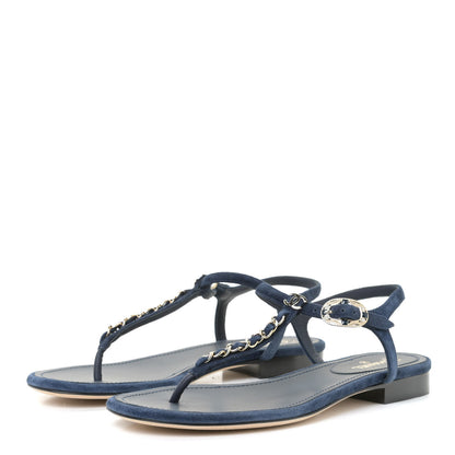 Chanel Suede Calfskin Thong Sandals 37 Navy Blue 2 of 12