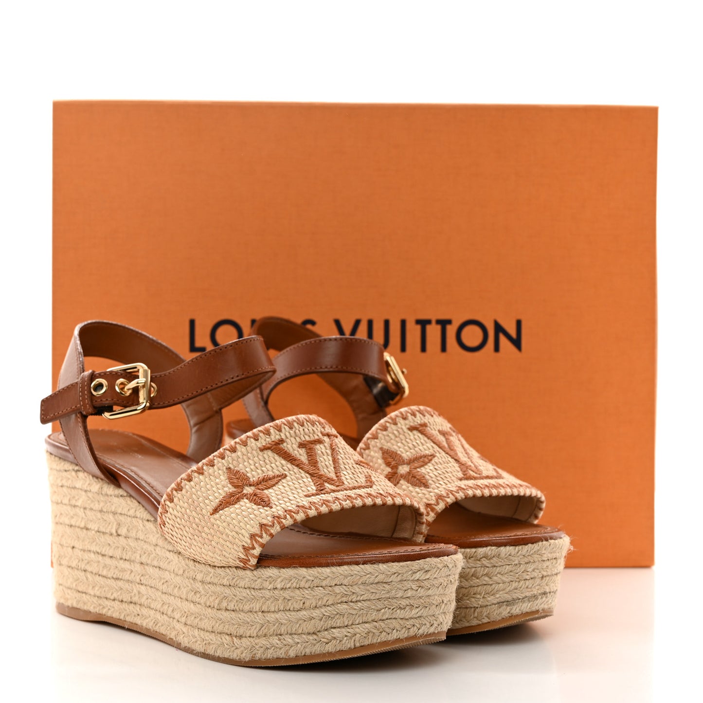 Cotton Monogram Embroidered Starboard Wedge Espadrilles 40 Beige Tan