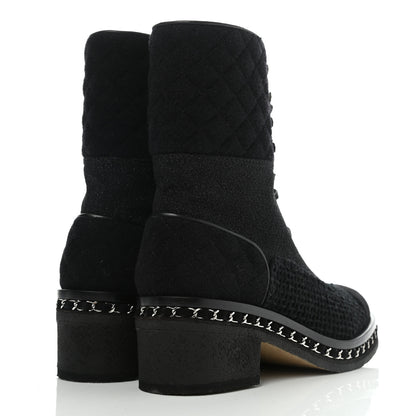 Chanel Tweed Suede Quilted Chain Short Boots 40 Black 4 of 8