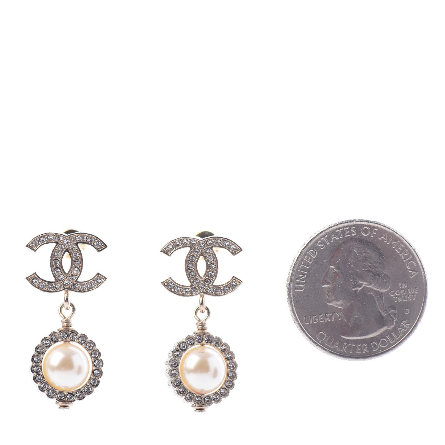 Chanel Crystal Pearl CC Drop Earrings Gold 2 of 5