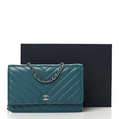Chanel Lambskin Chevron Quilted Wallet On Chain WOC Turquoise 13 of 13