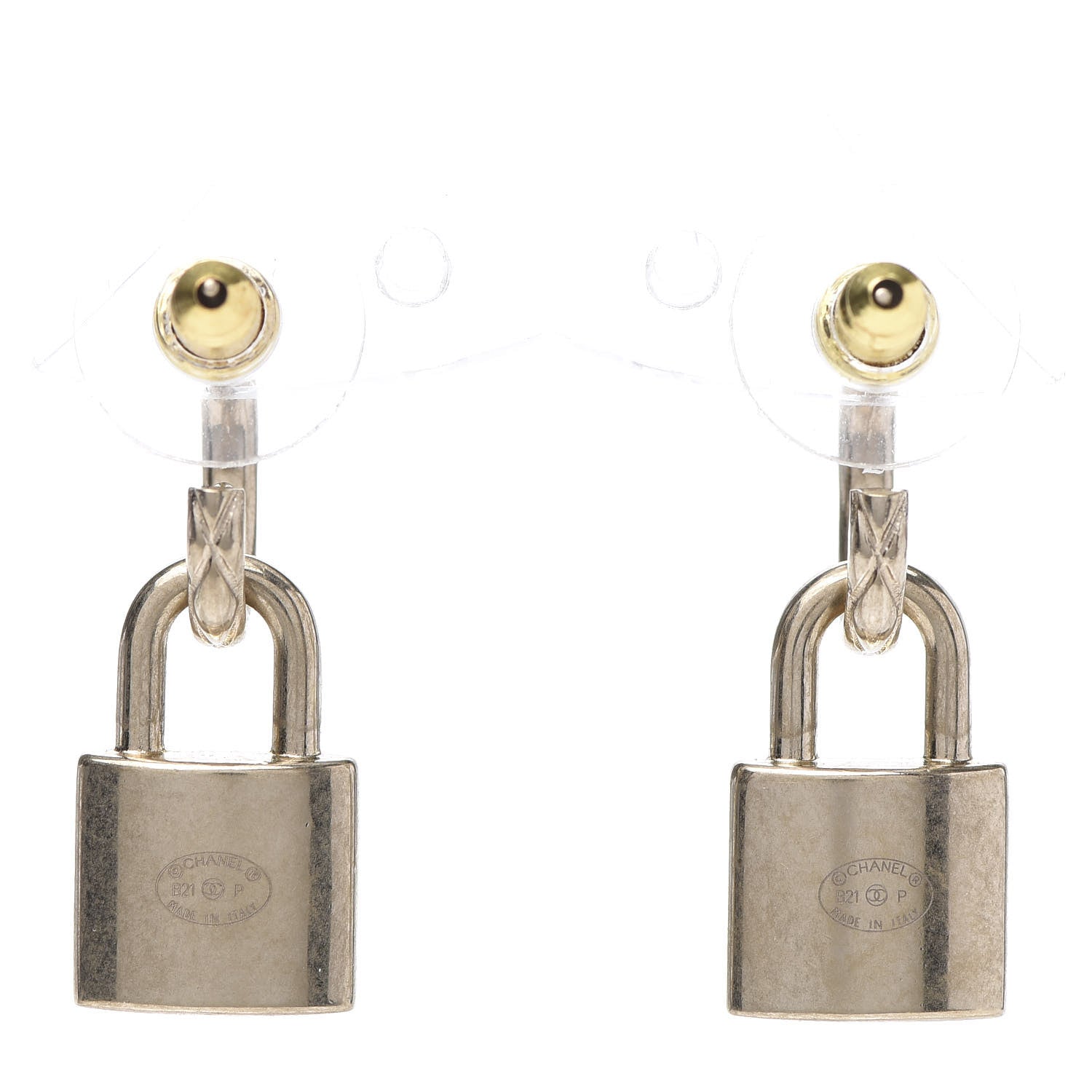 Chanel Metal Lock Drop Earrings Light Gold 3 of 5