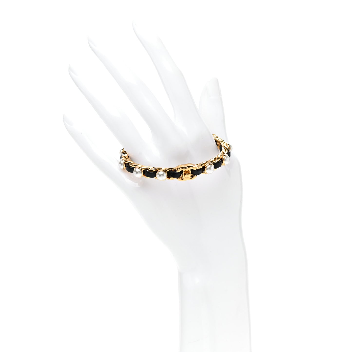 Lambskin Pearl CC Cuff Bracelet Black Gold