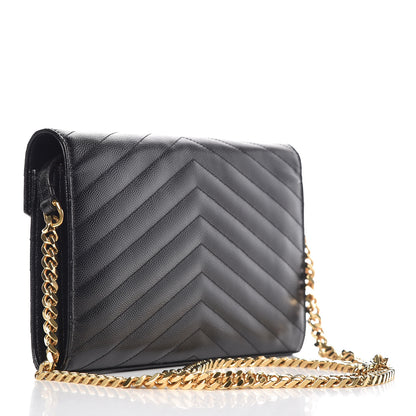 Saint Laurent Grain De Poudre Matelasse Chevron Monogram Chain Wallet Black 3 of 10