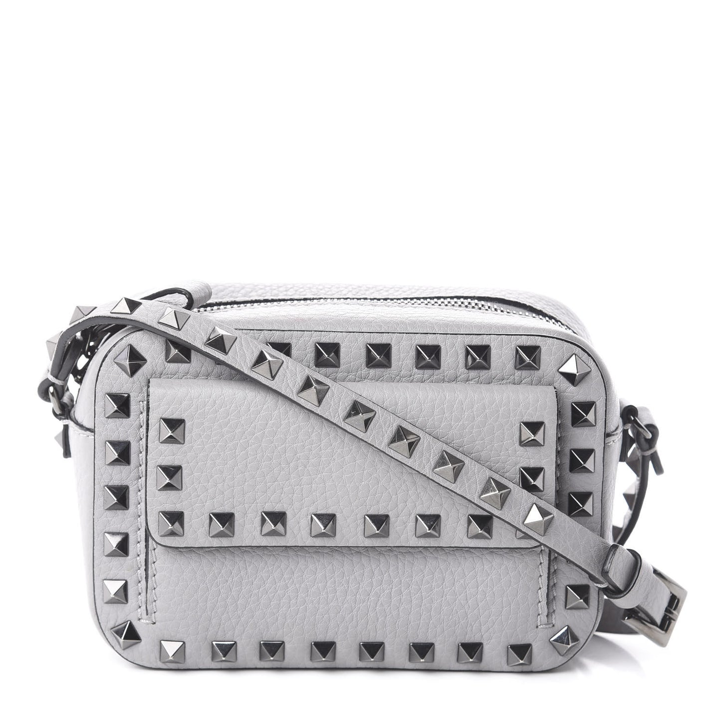 Grained Calfskin Small Rockstud Flap Pocket Camera Crossbody Bag Pastel Grey
