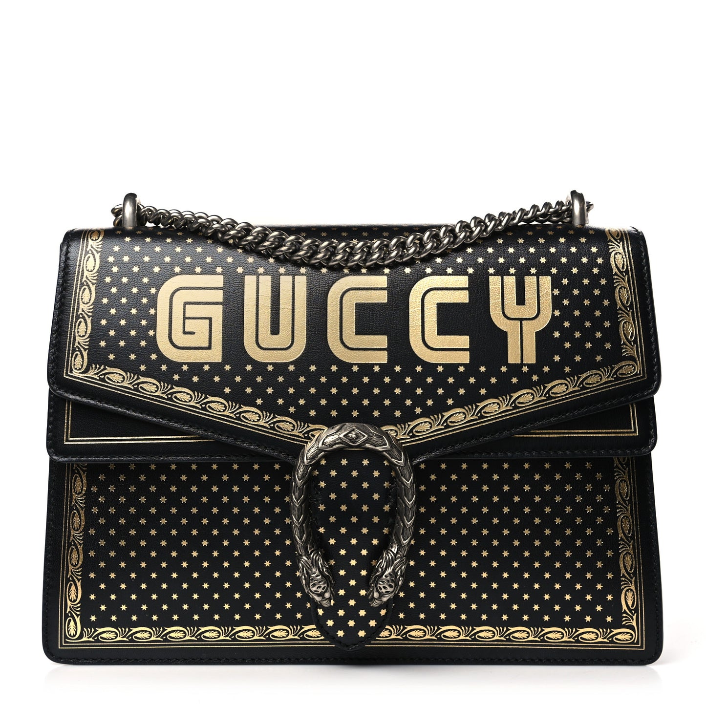 X SEGA Calfskin GUCCY Stars Medium Dionysus Shoulder Bag Black Gold
