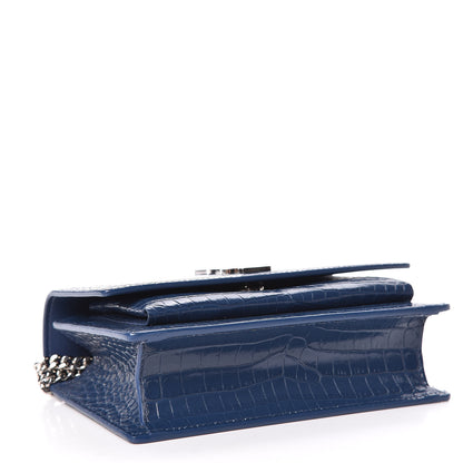 Saint Laurent Calfskin Crocodile Embossed Monogram Sunset Chain Wallet Denim 4 of 13