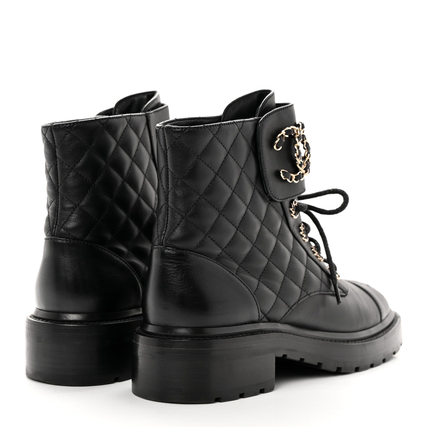 Shiny Lambskin Quilted Lace Up Combat Boots 37 Black