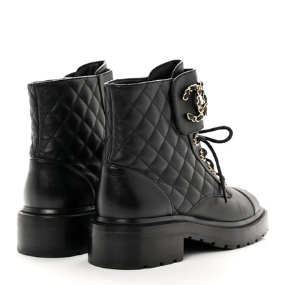 Chanel Shiny Lambskin Quilted Lace Up Combat Boots 37 Black 4 of 12