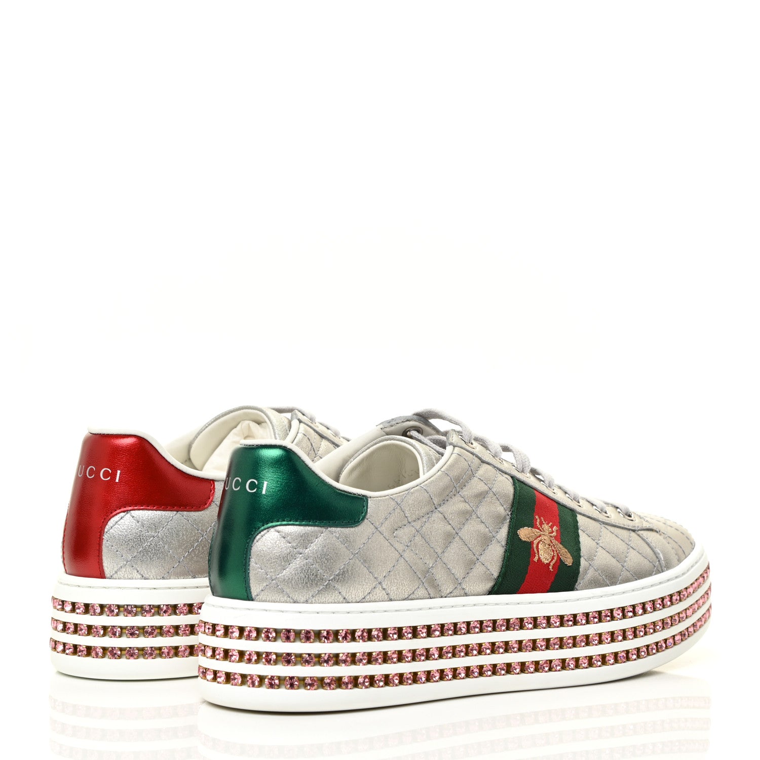 Gucci Laminated Nappa Crystal Web Bee Embroidered Trapuntata Womens Ace Platform Sneakers 38.5 Argento 4 of 16