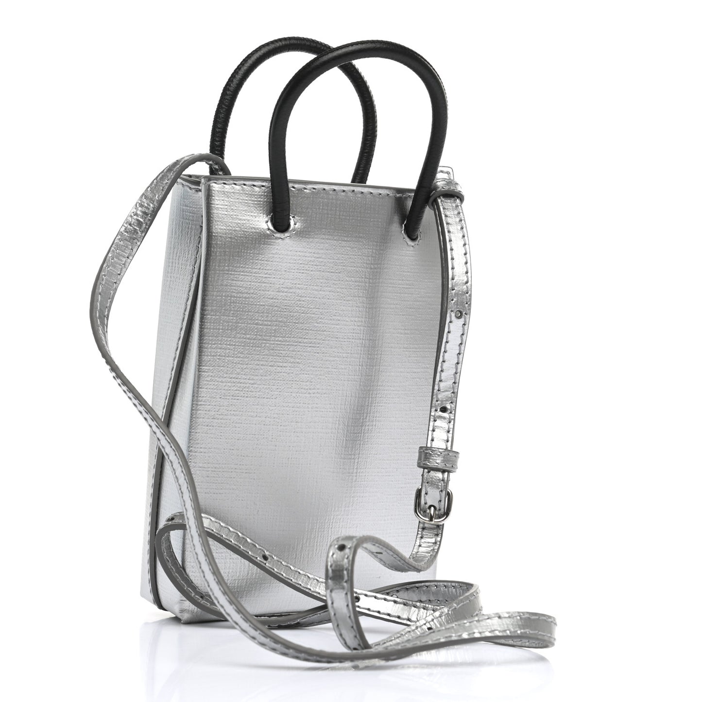 Metallic Textured Calfskin Logo Shopping Phone Holder Bag Silver