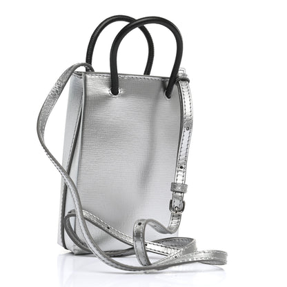 Balenciaga Metallic Textured Calfskin Logo Shopping Phone Holder Bag Silver 2 of 11