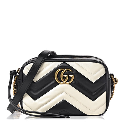 Gucci Calfskin Matelasse Mini GG Marmont Chain Shoulder Bag Black White 1 of 11