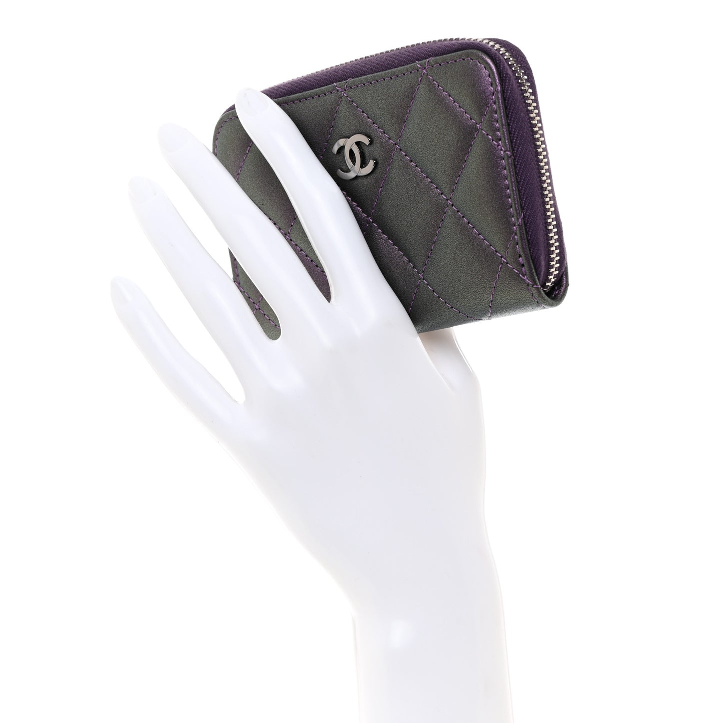 Metallic Lambskin Quilted Zip Around Coin Purse Wallet Dark Purple