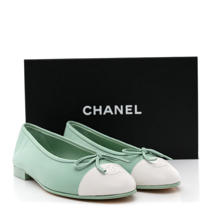Chanel Lambskin CC Cap Toe Ballerina Flats  36.5 Light Green White 11 of 11