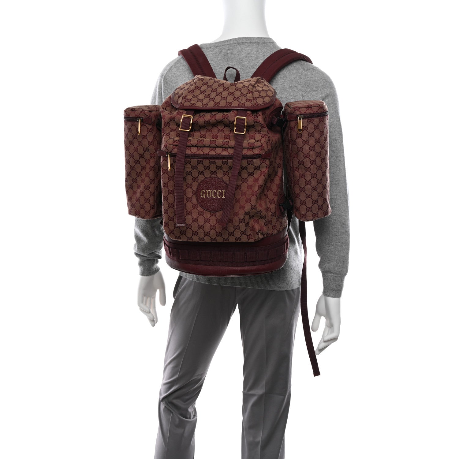 Gucci GG Monogram Script Logo Large Double Pocket Backpack Sahara Rubino Bordeaux 2 of 14