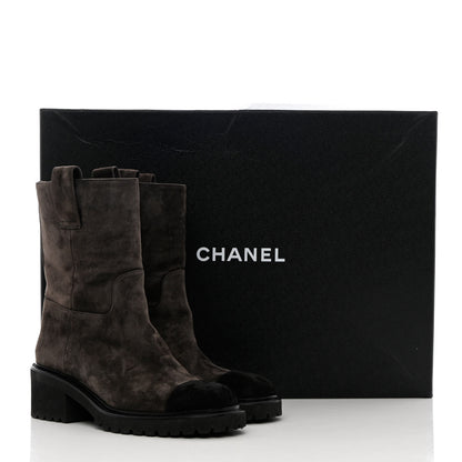 Chanel Suede Calfskin CC Cap Toe Boots 36.5 Black Brown 11 of 11