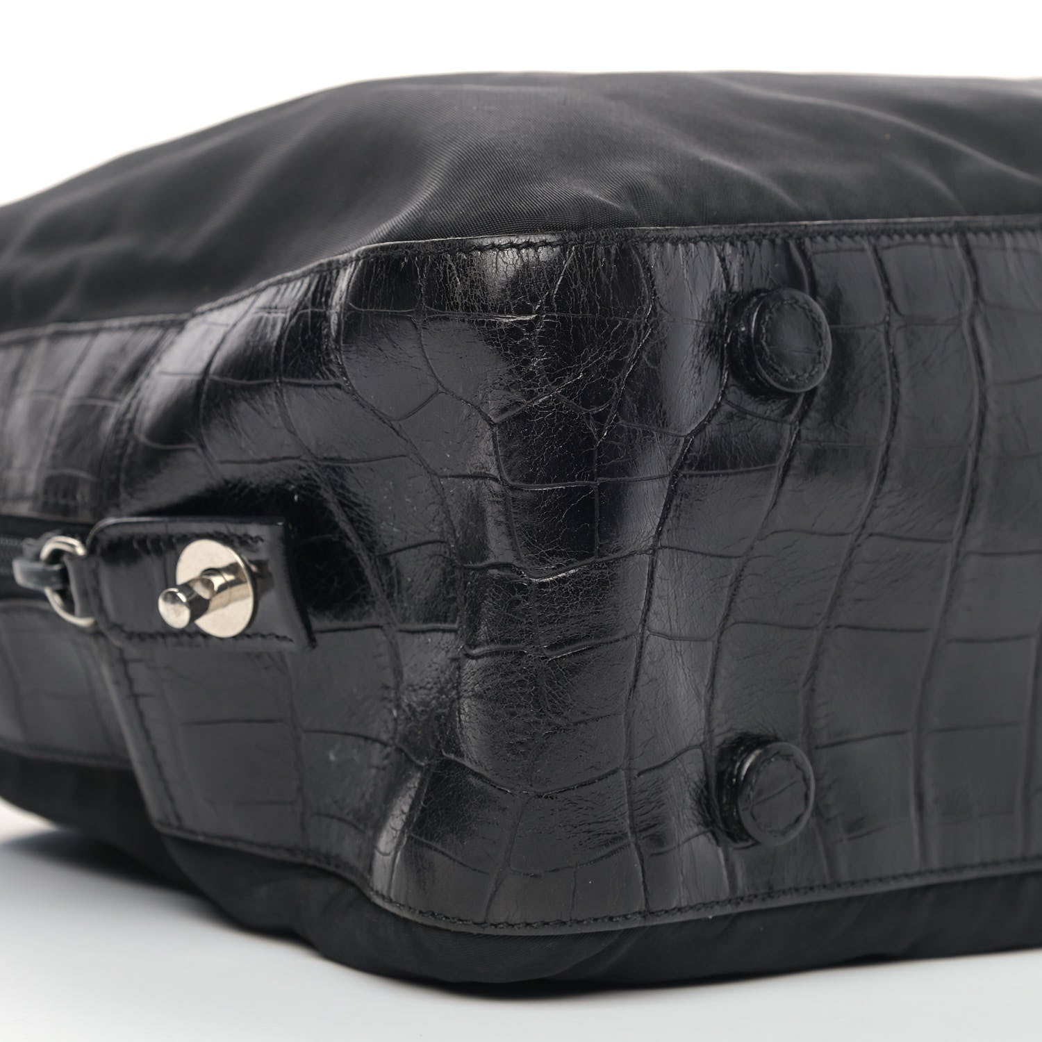 Prada Tessuto Nylon Calfskin Crocodile Embossed Tote Black 12 of 14