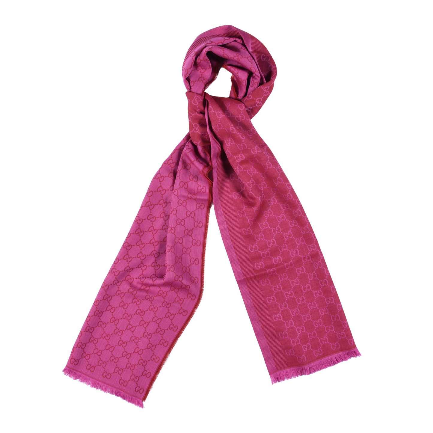 Wool Silk GG Monogram GGWeblong Fringe Scarf Shawl Red Pink