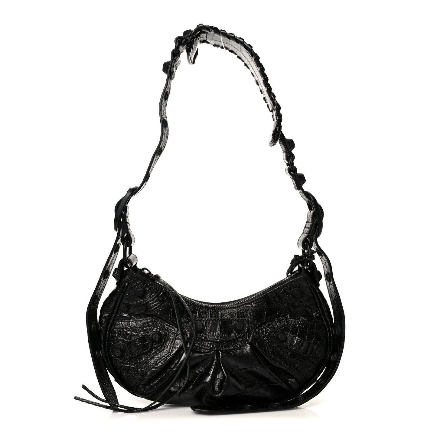 Extra Supple Calfskin Crocodile Embossed Monochrome Le Cagole Shoulder Bag XS Black