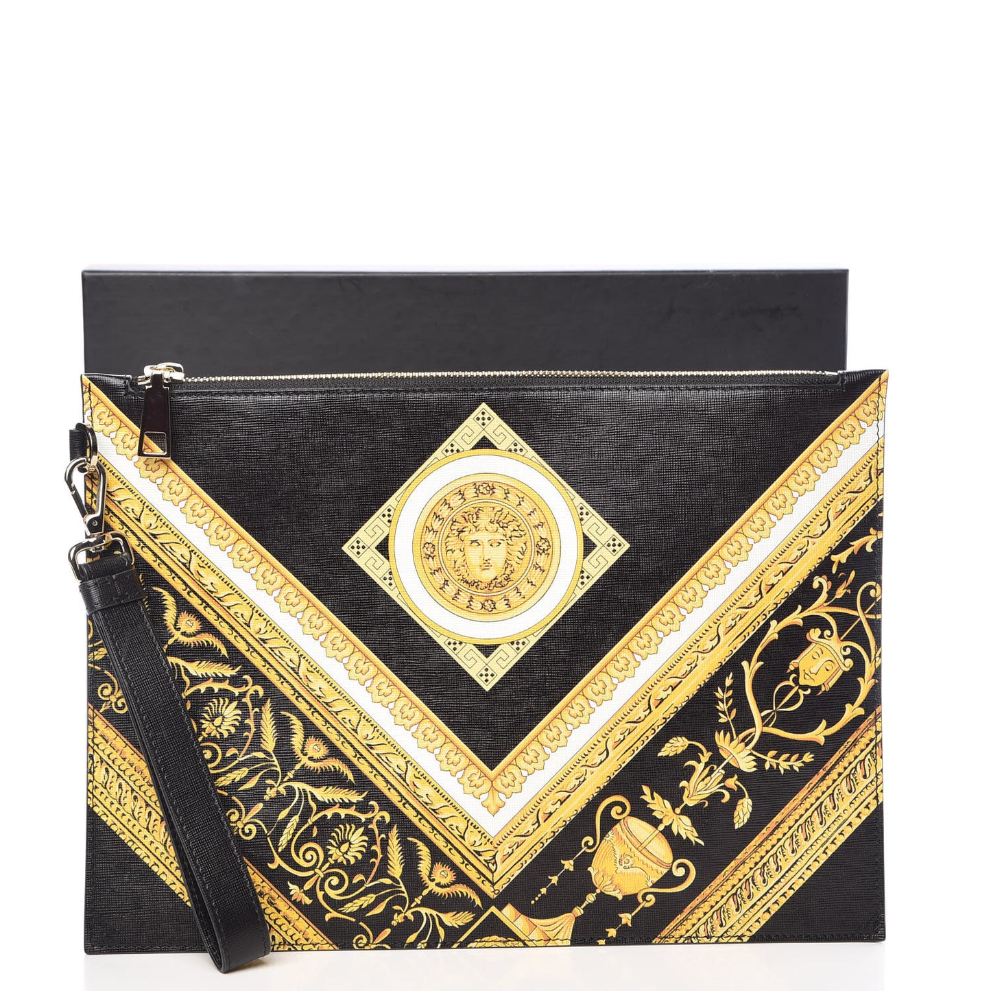 Vitello Saffiano Barocco Print Pochette Black Gold