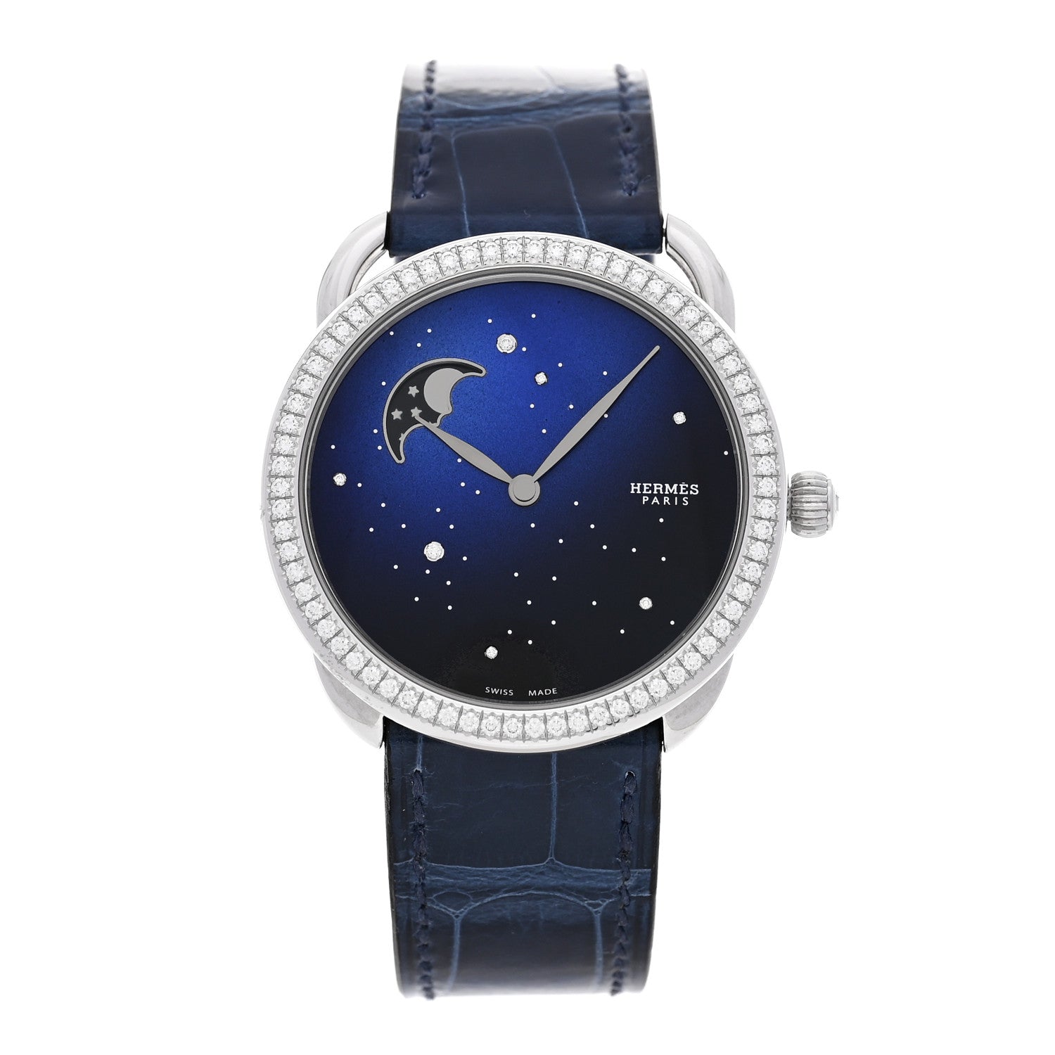 Hermes Stainless Steel Alligator Diamond Bezel Blue Mother of Pearl 38mm Arceau Petite Lune Automatic Watch Bleu Saphir 1 of 5