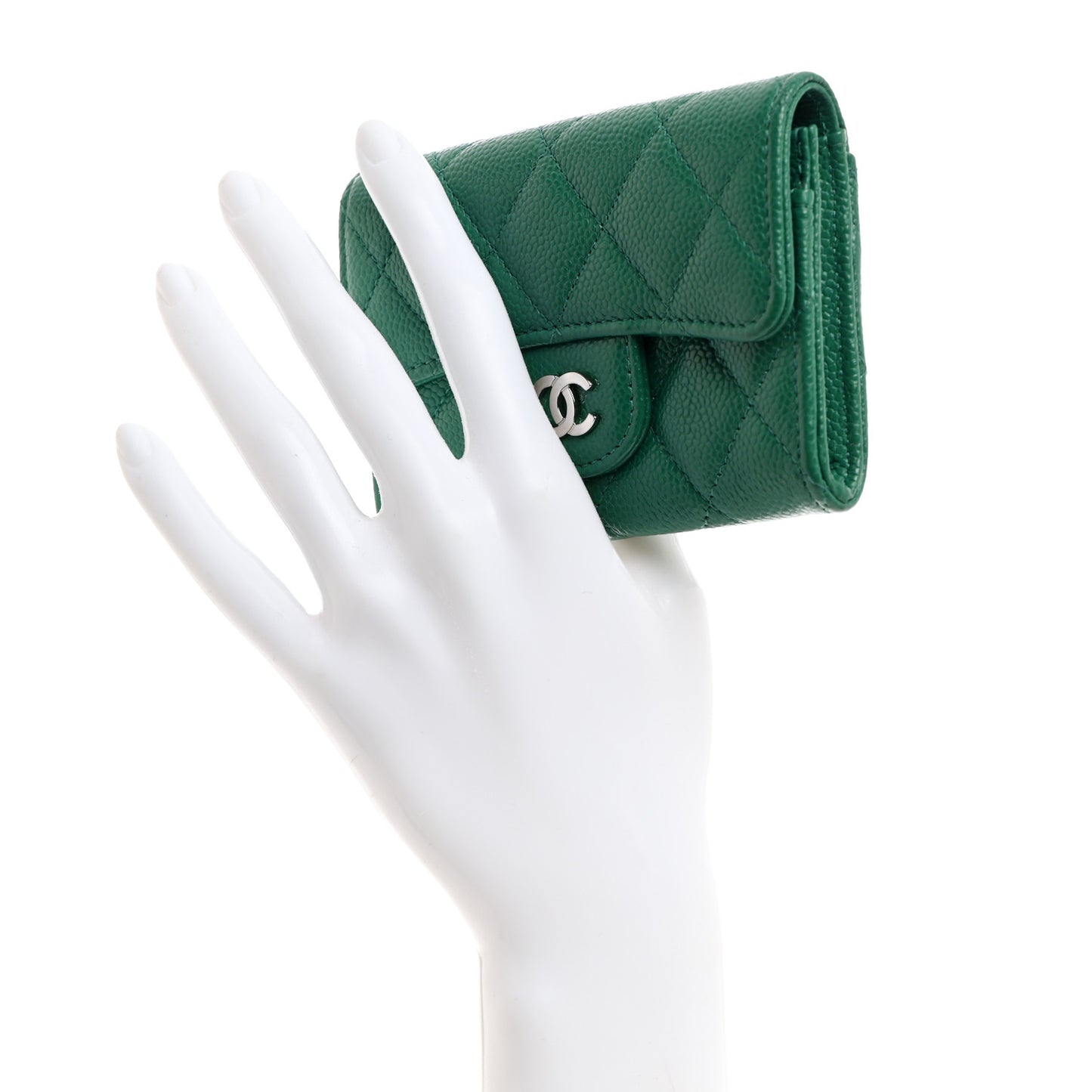 Caviar Quilted Flap Card Holder Wallet Green