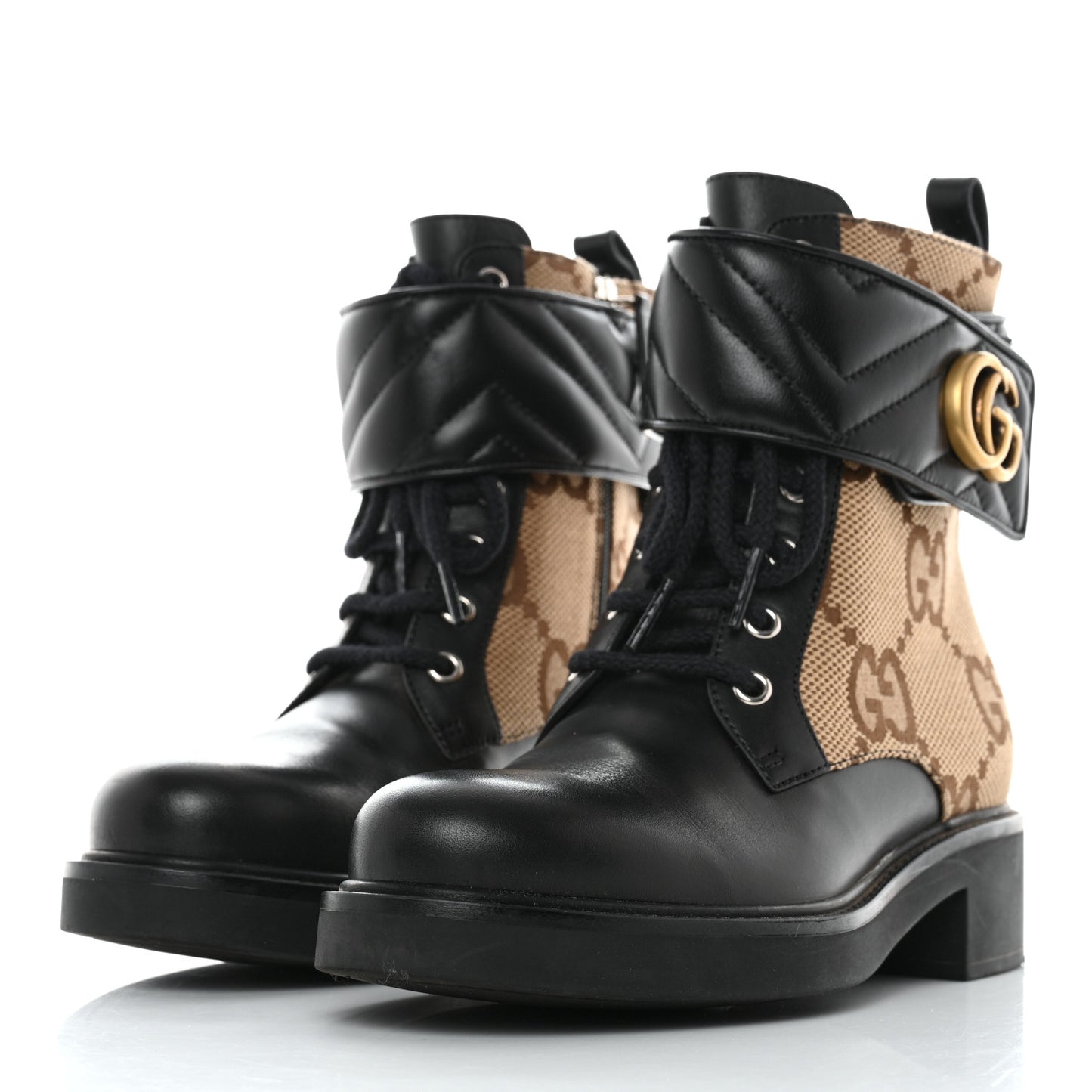 Flores Calfskin Monogram Maxi GG Nappa Matelasse Double G 40mm Ankle Boots 36.5 Black Camel Ebony