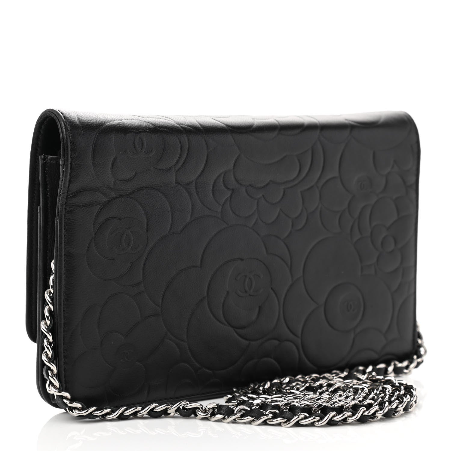 Chanel Lambskin Camellia Embossed Wallet on Chain WOC Black 3 of 12