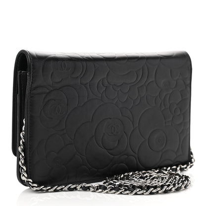Chanel Lambskin Camellia Embossed Wallet on Chain WOC Black 3 of 12