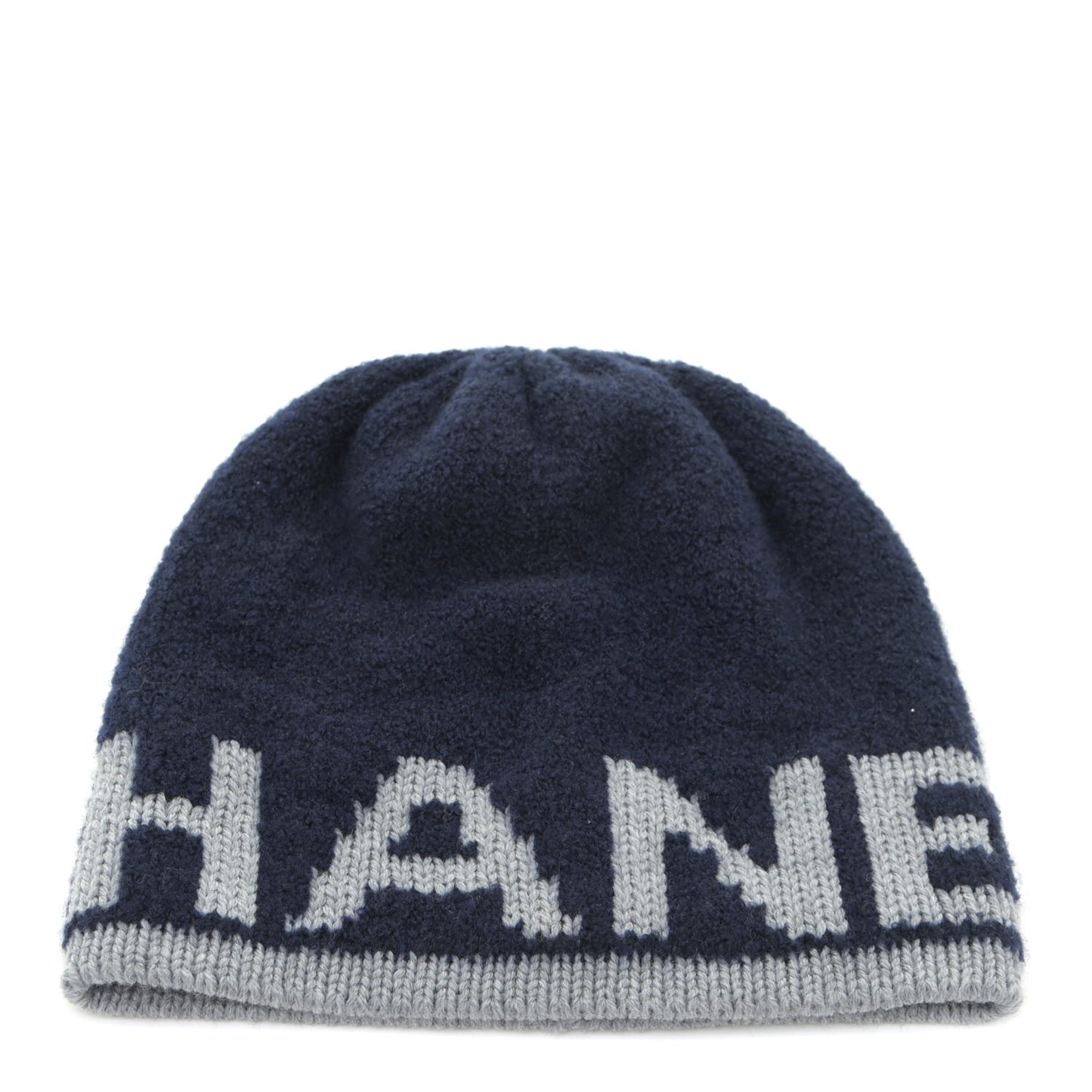 Cashmere Wool Silk Logo Beanie Hat Navy Blue Grey