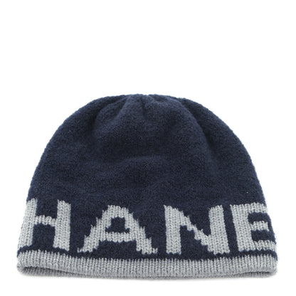 Chanel Cashmere Wool Silk Logo Beanie Hat Navy Blue Grey 1 of 5
