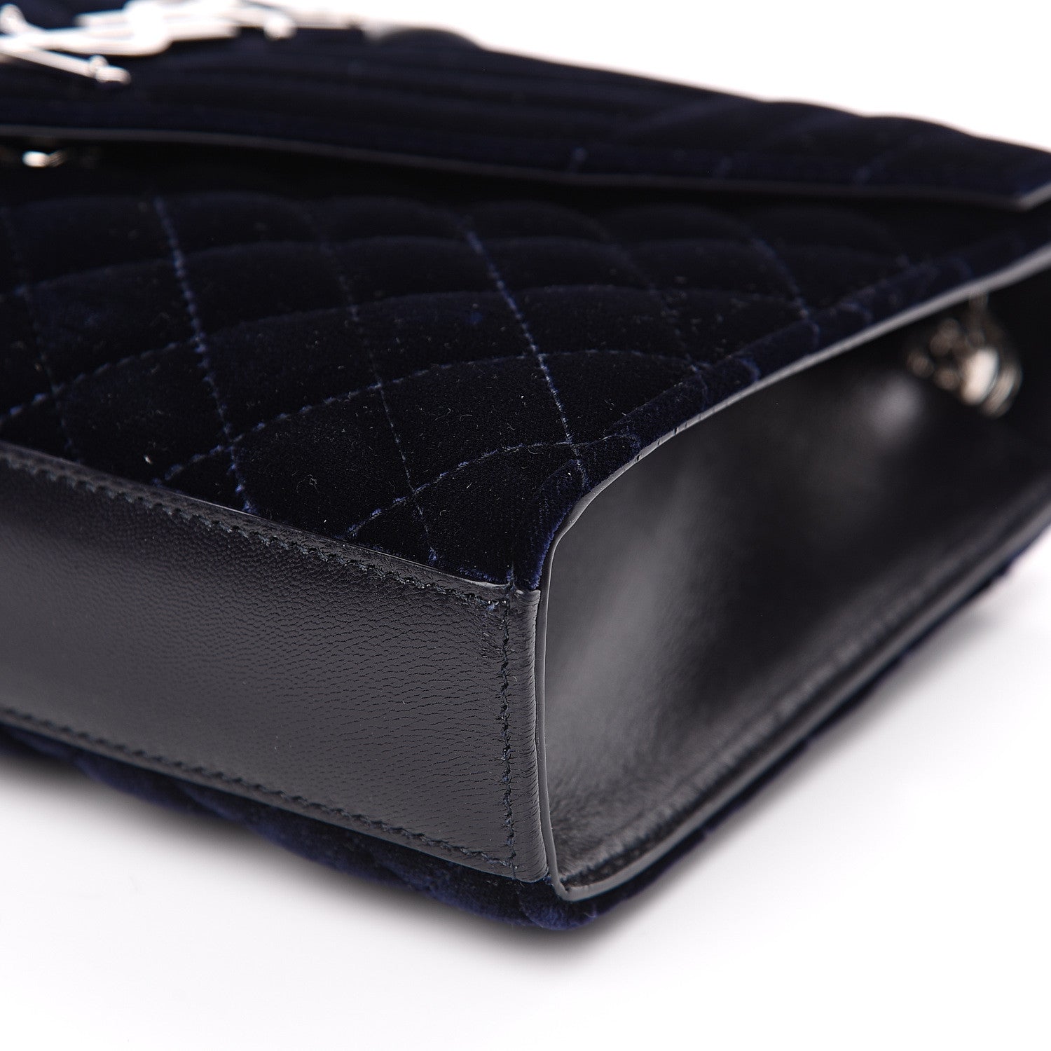 Saint Laurent Velvet Matelasse Chevron Medium Triquilt Monogram Satchel Navy 9 of 9